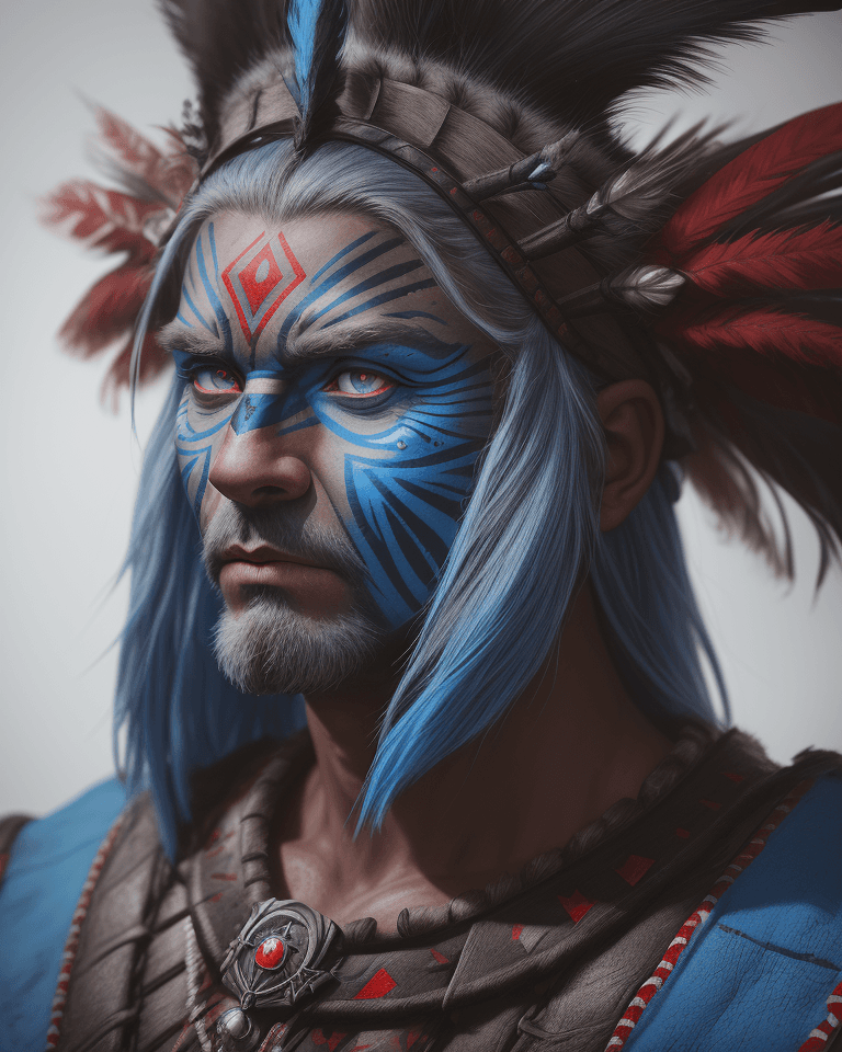 AI generated: hyperrealistic style, portrait photo of a Austrian old warrior chief, tribal panther make up, blue o...