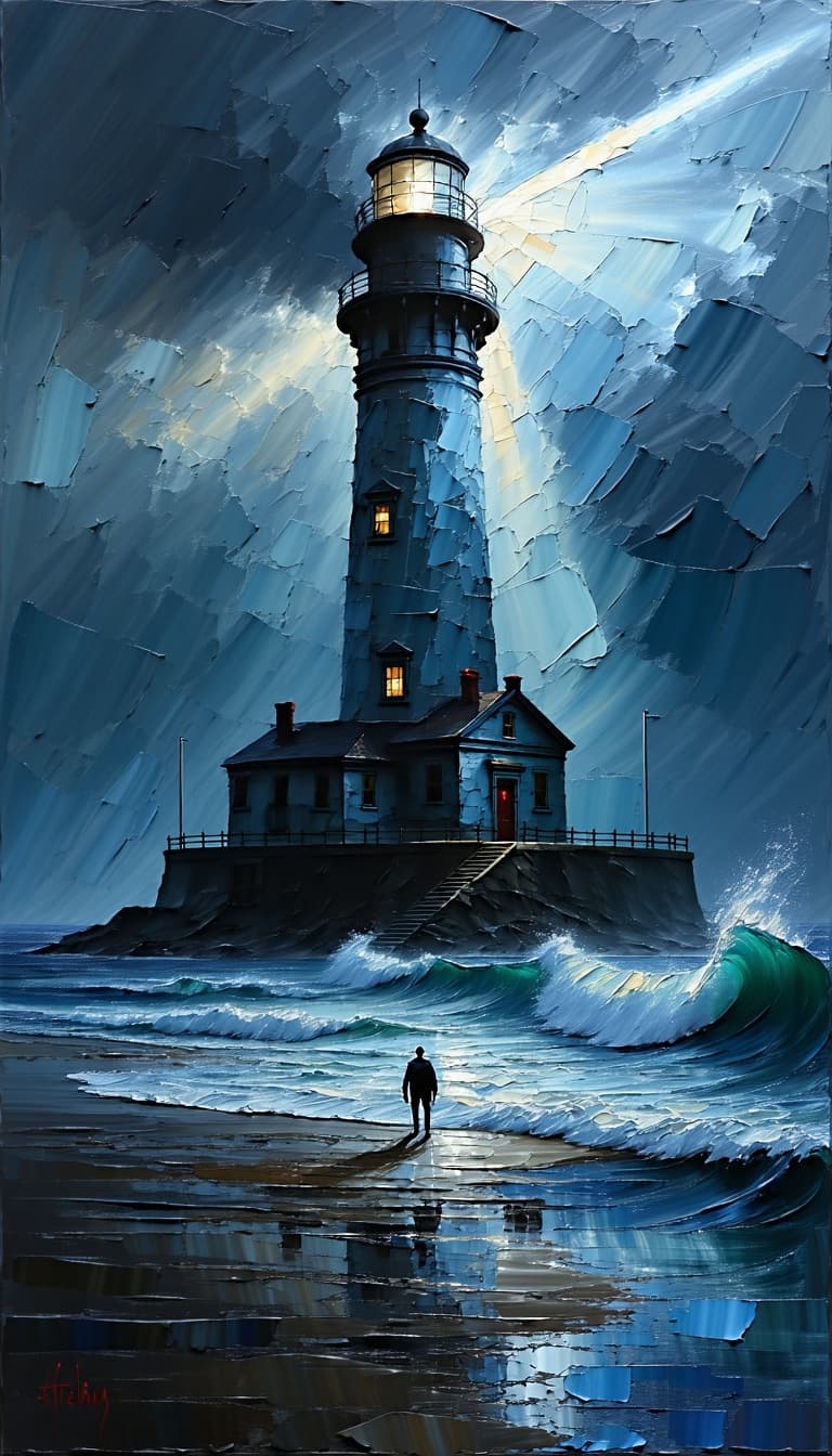 AI generated: A solitary figure stands before a colossal, weathered lighthouse on a windswept coast, the beam cutt...