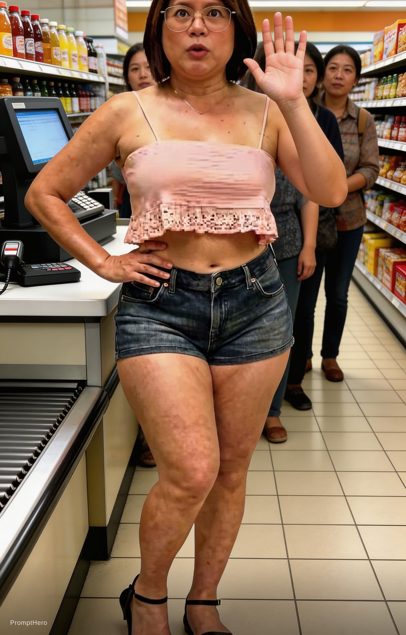 AI generated: she is standing in line to a grocery cashier. she is waving to the camera. camera is in front of her...
