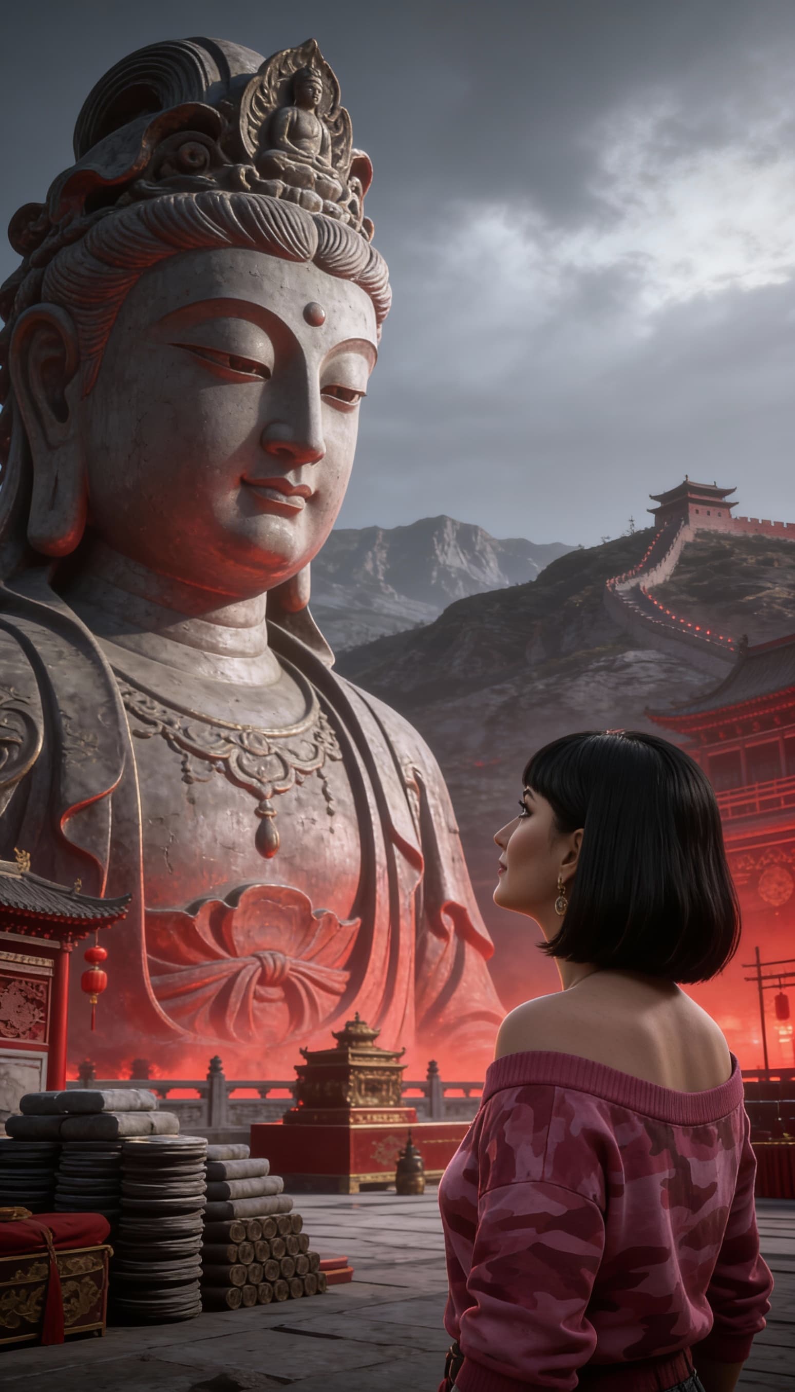 AI generated: a large statue with a woman looking at it, in the style of unreal engine 5, northern china's terrain...