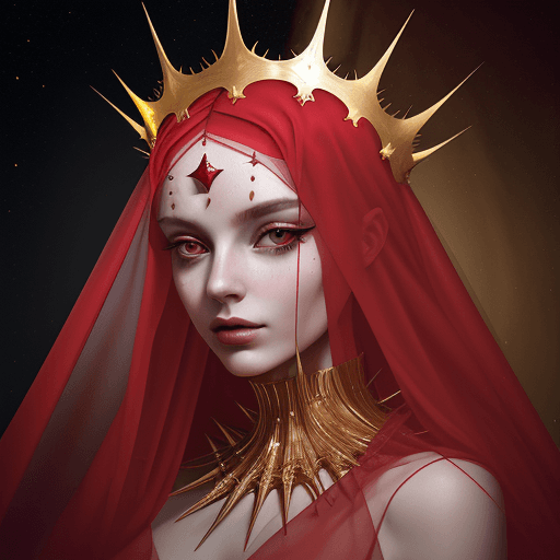 AI generated: lady in red veils her face and has a large golden spiked crown, in the style of celestial fasion, ot...