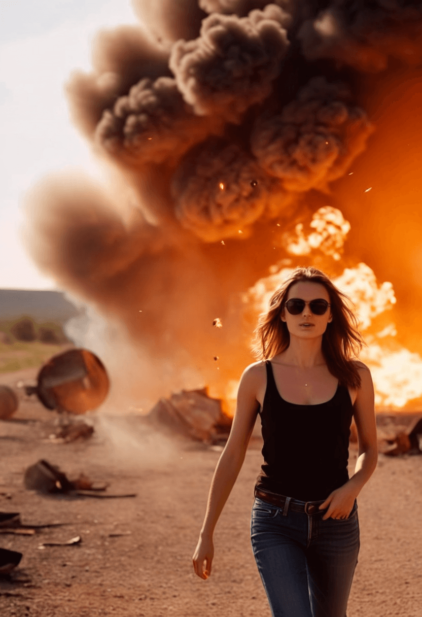 AI generated: cinematic film still beautiful woman, long brunette hair, walking toward the viewer, huge explosion ...