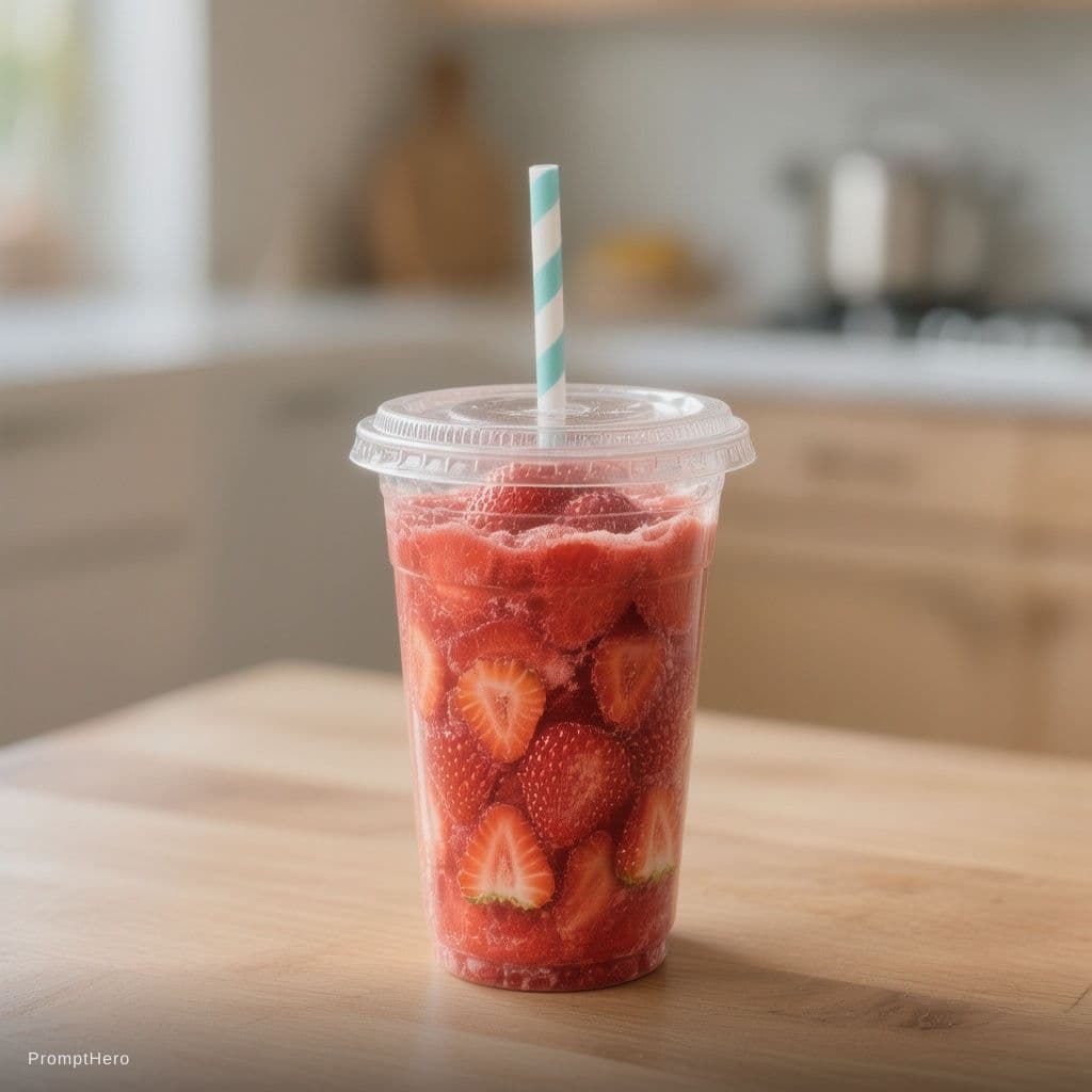 AI generated: licuado de fresa en vaso desechable con tapa 