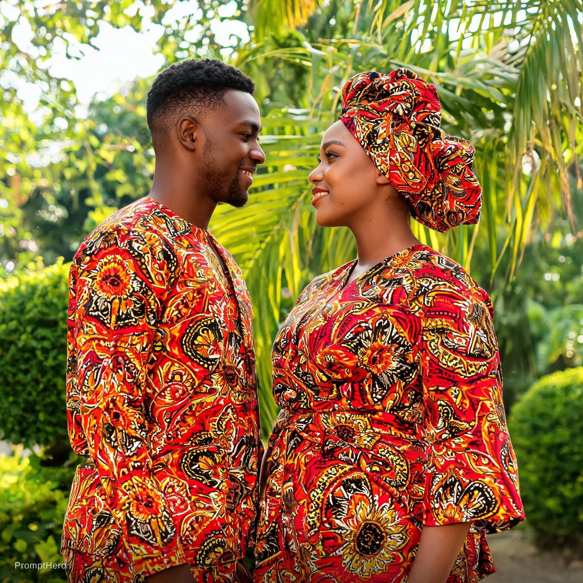 AI generated: A Nigerian your male and female standing and facing eachother. Wearing Ankara attire. Generate image...