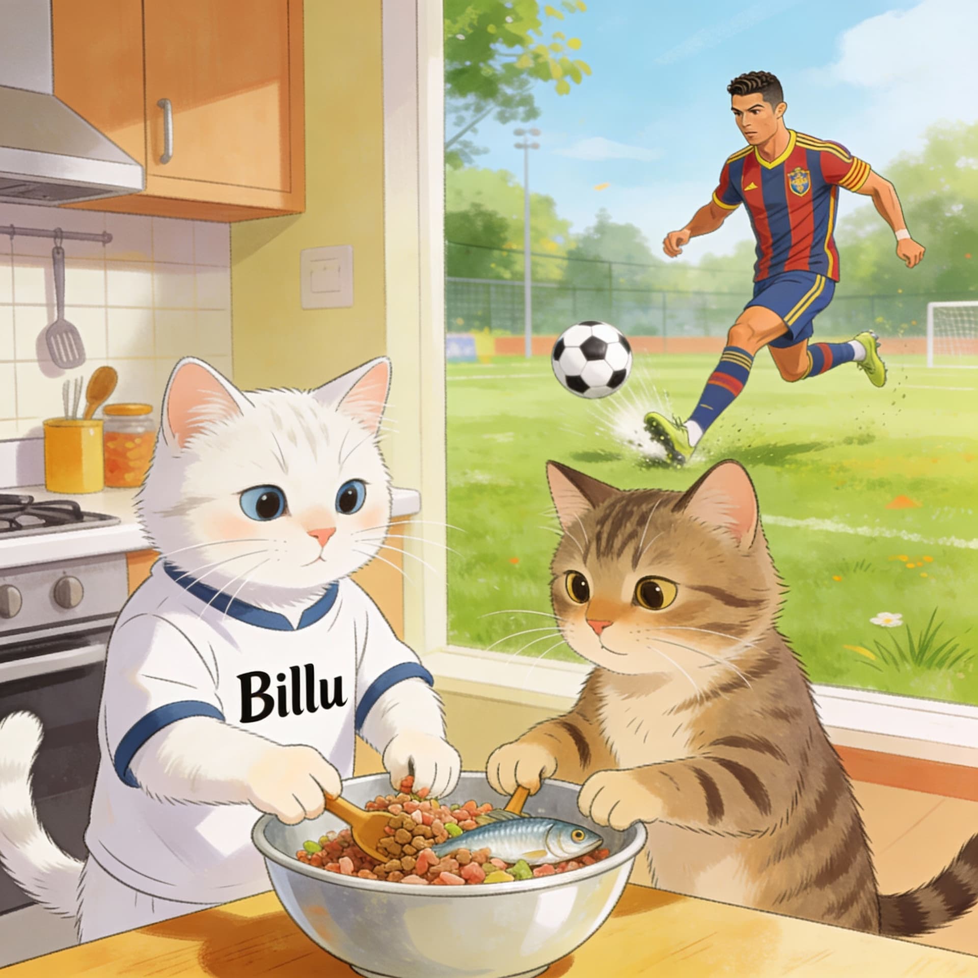 AI generated: Create a billu white dress up cat and ronaldo making fish food together cat And playing football 