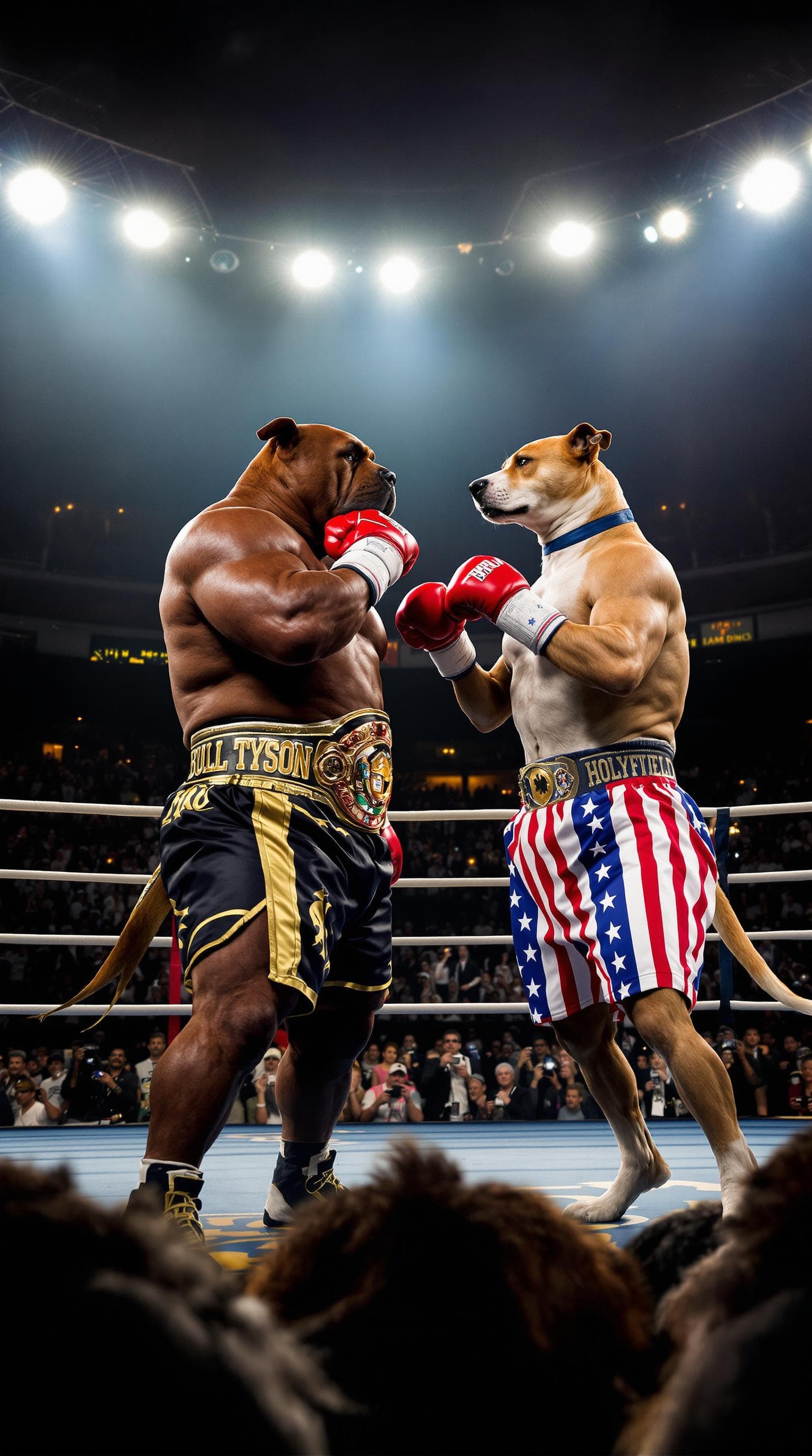 AI generated: A powerful bull mastiff dog (representing Mike Tyson) in black boxing shorts with gold trim and cham...