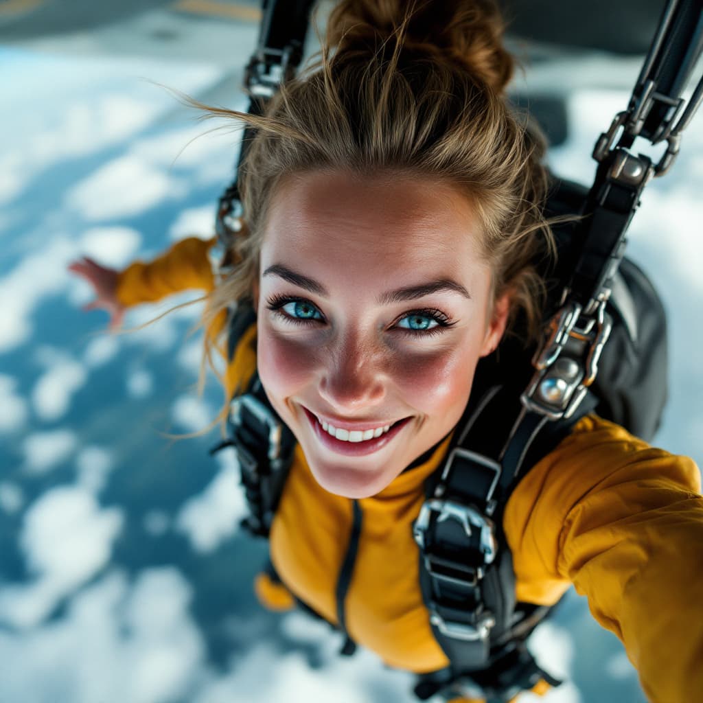 AI generated: 
Go back
female parachutist, jumping from plane, smile, selfie, motion, full body visible, detailed ...