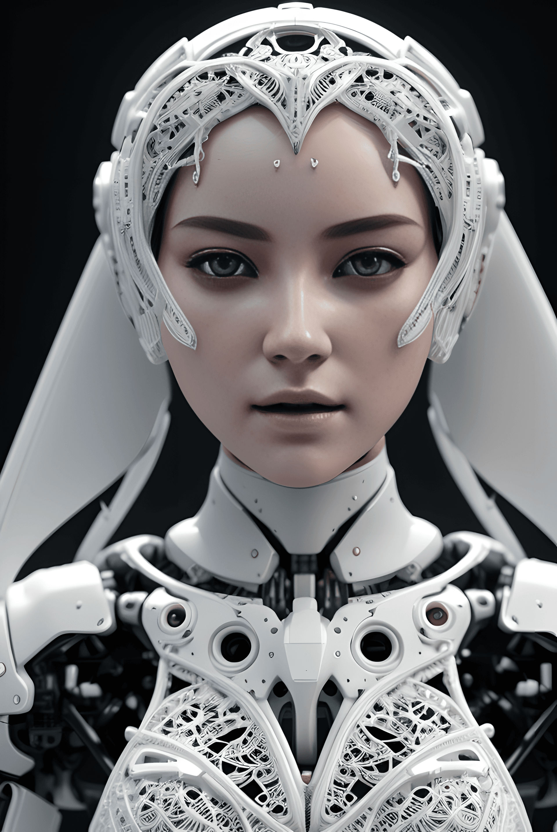 AI generated: humanoid female robot, beautiful, seductive, white, (intricate details:1.23), photorealistic, (infin...