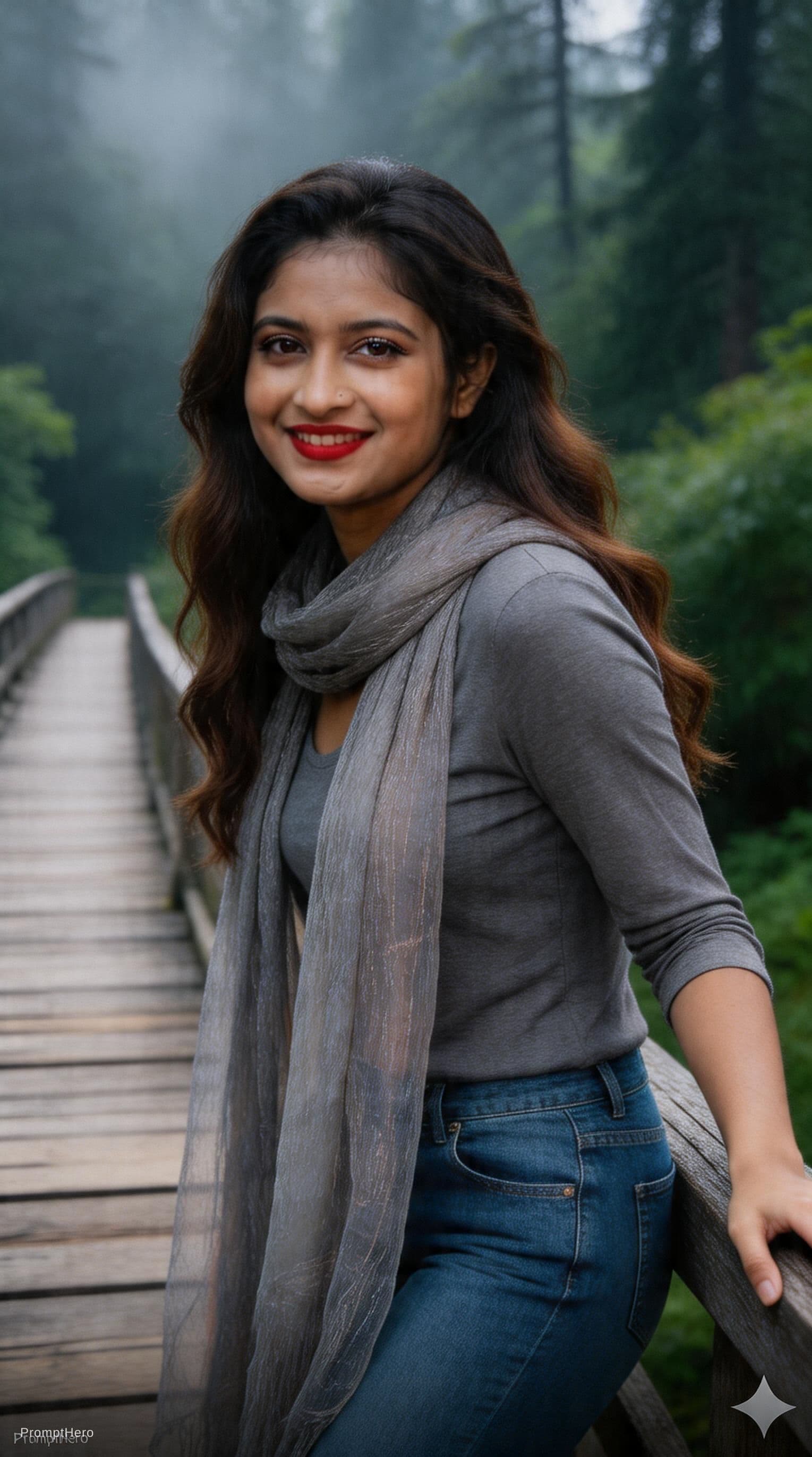 AI generated: A photorealistic portrait of a woman standing on a weathered wooden bridge in a dense, misty forest....
