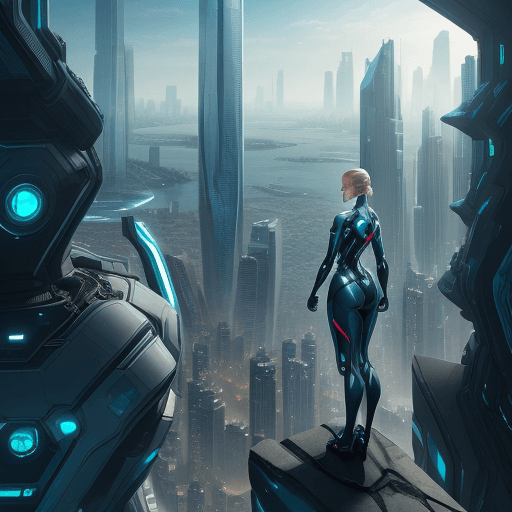 AI generated: A futuristic cityscape with a woman in a sleek, robotic suit standing on a cliff overlooking the cit...