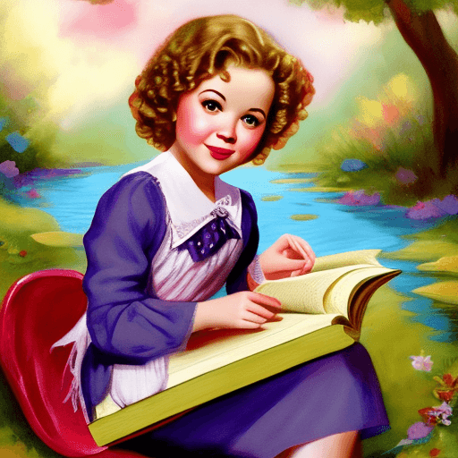 AI generated: The girl Shirley Temple, tender, loving look, next to a stream reading a book, warm colors