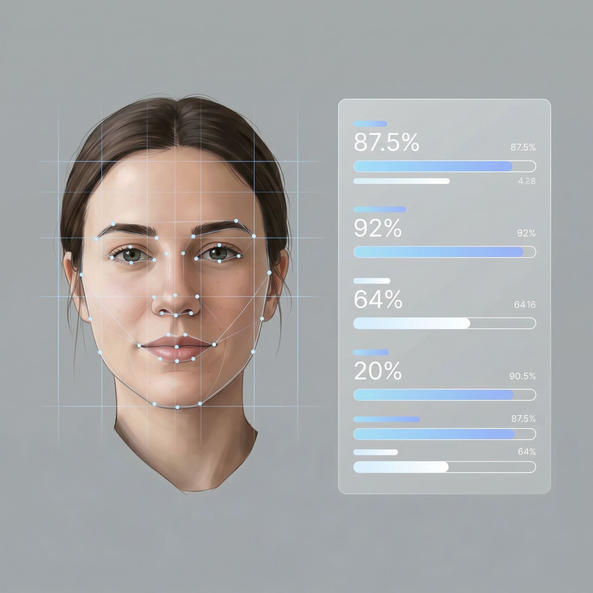 AI generated: Clean, modern illustration showing an AI analyzing a human face. 
A realistic portrait photo on the ...