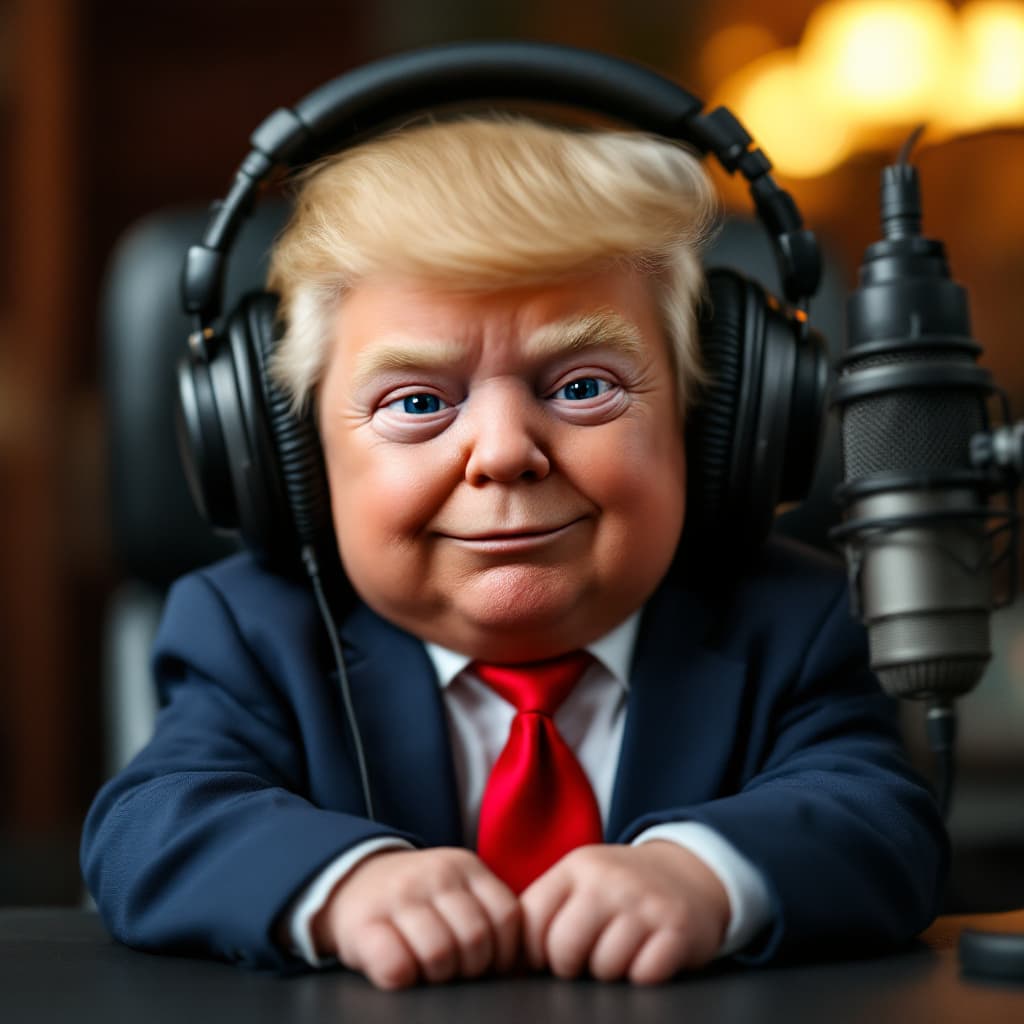 AI generated: American  baby that resembles President trump in a bue suit and red tie in a podcast studio wearing ...