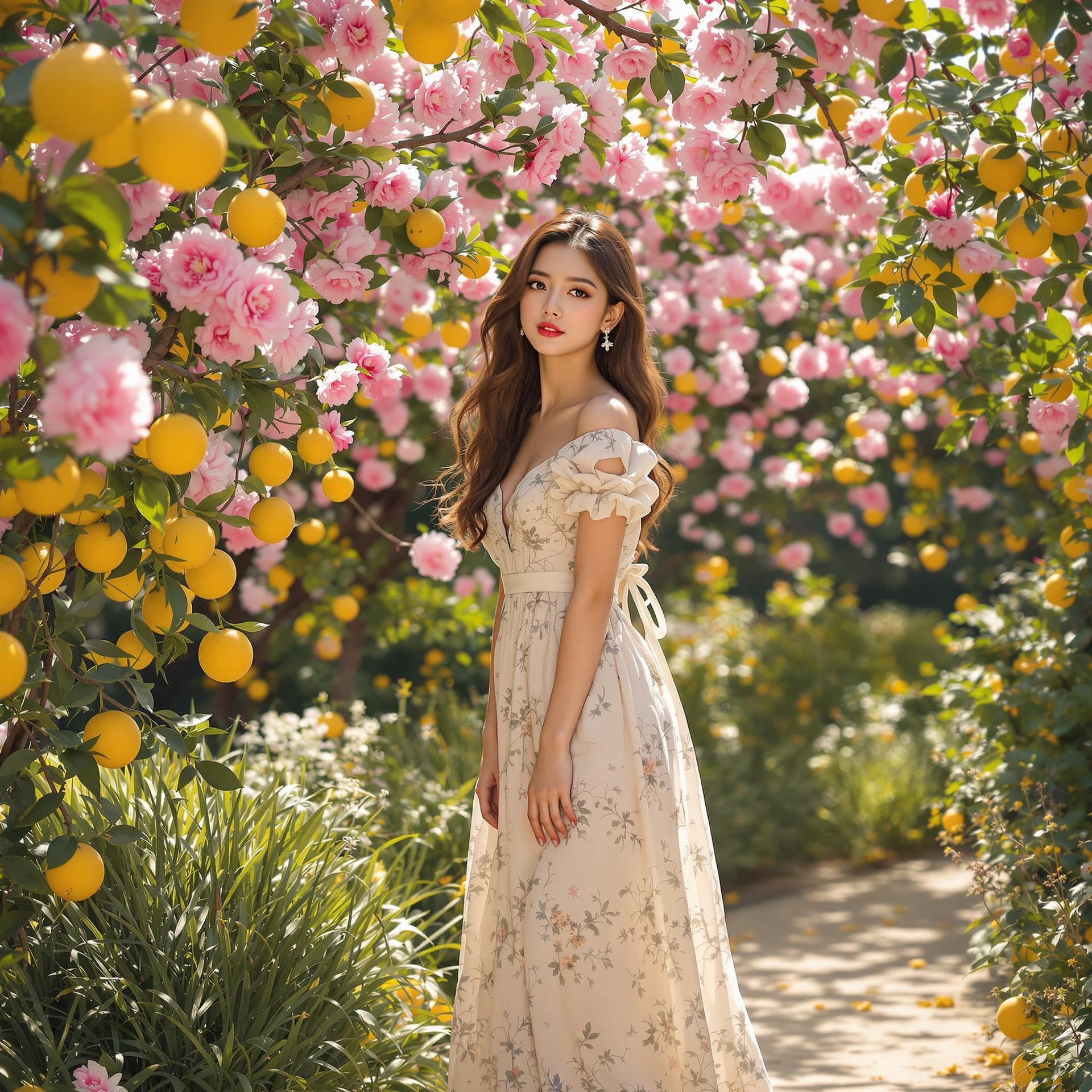 AI generated: full-length model shot of a girl, the girl in the photo is very beautiful, long light dress with pat...