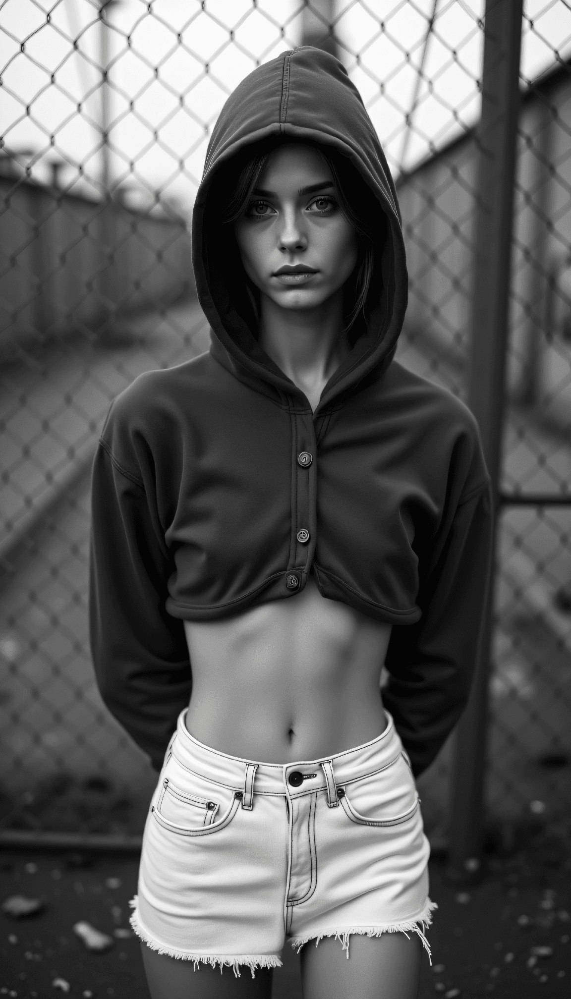 AI generated: dystopian style Black and white fashion photography of a young Moldovan-Druze woman in her mid-twent...