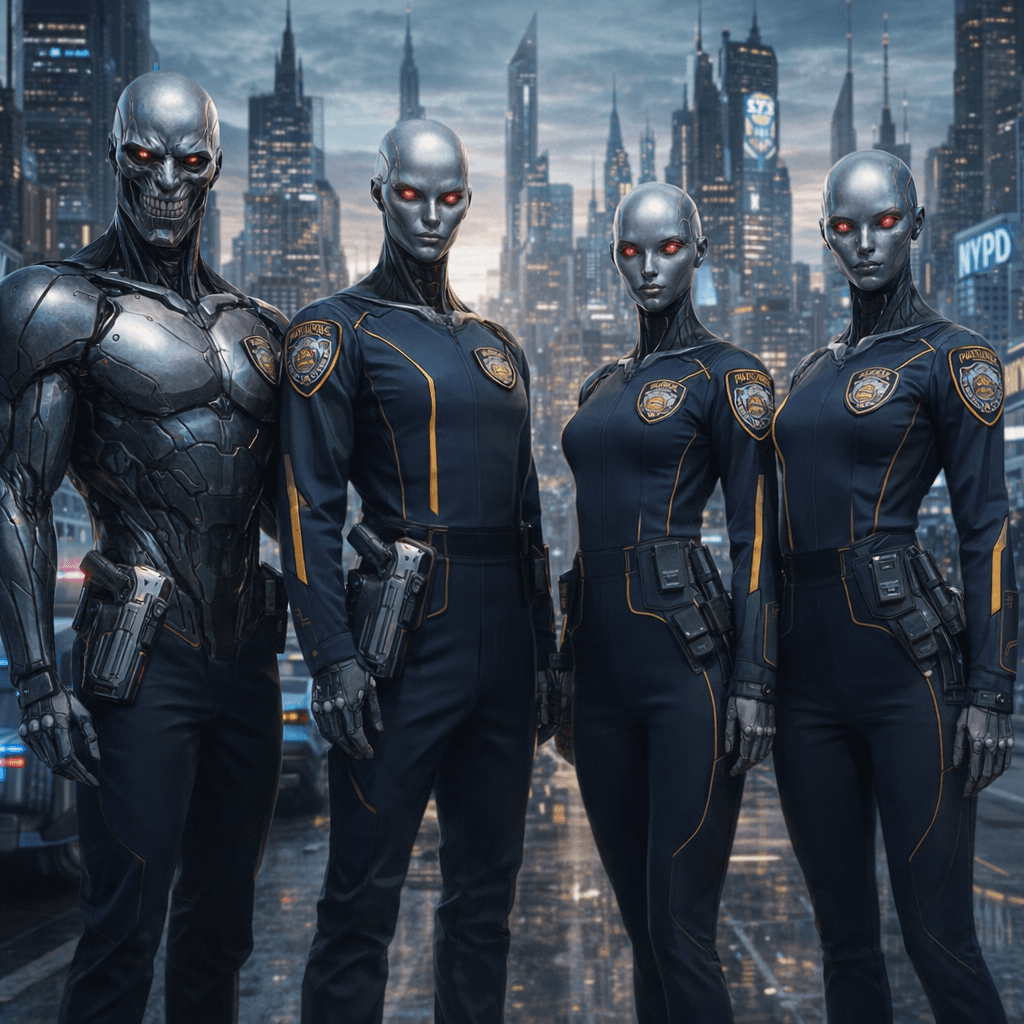 AI generated: Create an image of four futuristic Ailfs, reference images three and four, male and female, as Polic...