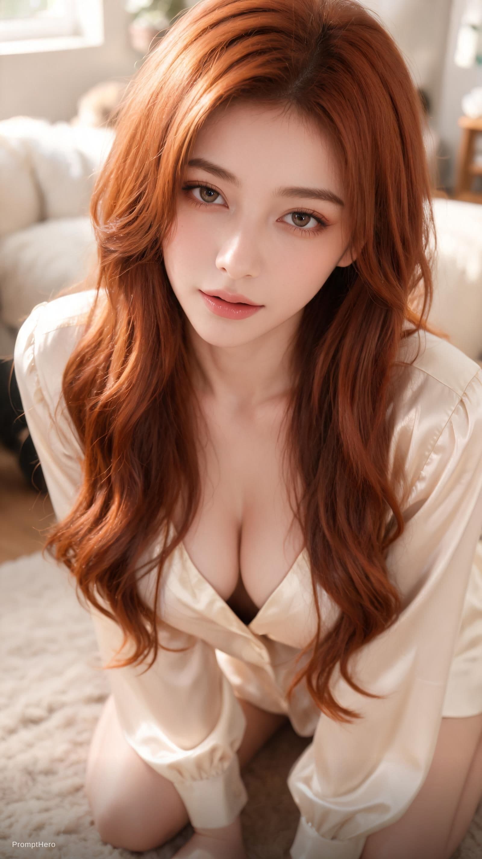 AI generated: a beautiful girl in a low cut blouse sitting on her knees and looking up.She is making a seductive f...