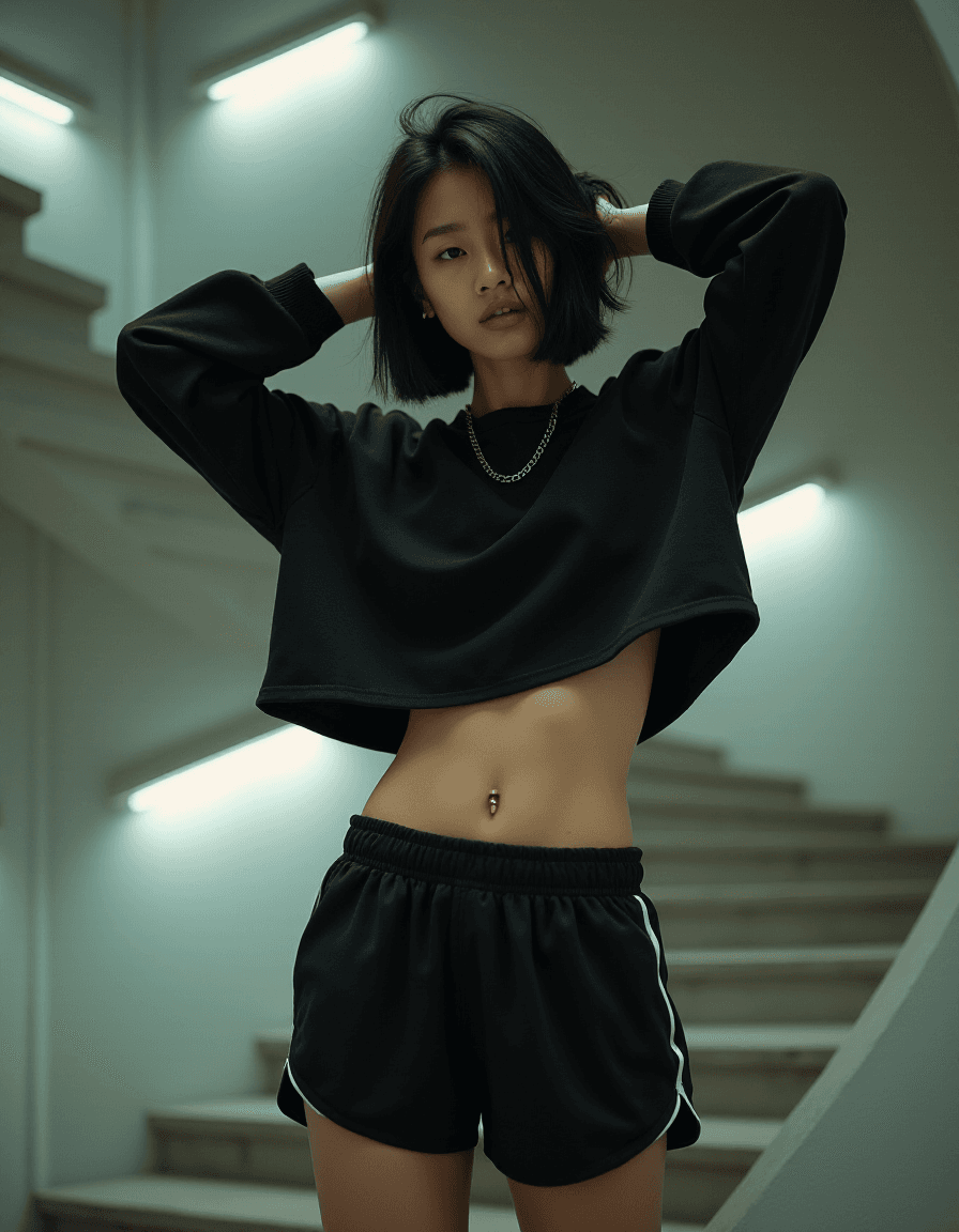 AI generated: High fashion half body photo of a young asian female supermodel, very thin, small breast, flat chest...