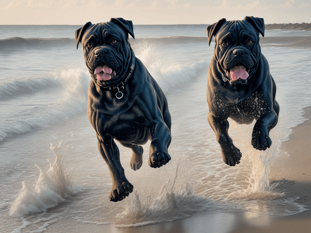 AI generated: Photo of a ultra realistic Cane Corso dog running on the beach, splashing water and sand, happy scen...