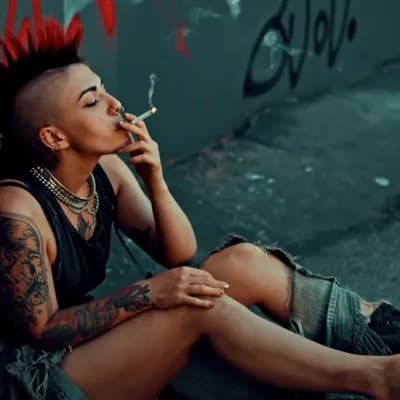 AI generated video: Full body view of a slender punk female sitting reclined against the wall of a dark street savoring ...
