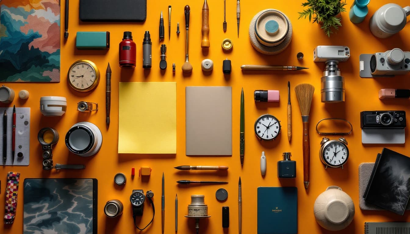 AI generated: perfect explorer objects knolling :: Wes Anderson color palette, studio lighting, low contrast, 8k -...