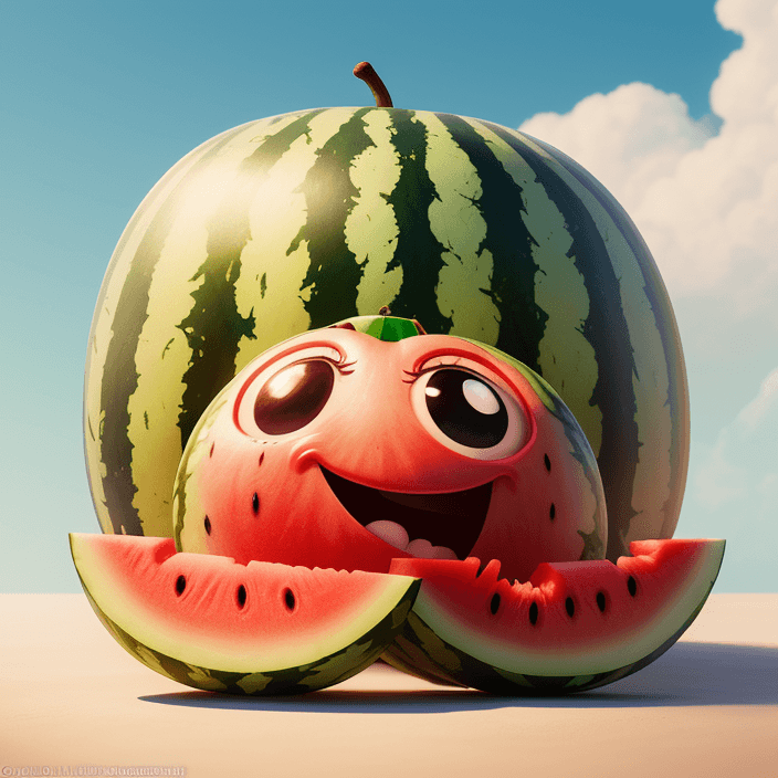 AI generated: A happy cartoon watermelon fruit, Pixar Style, perfect composition, 8k artistic photography, photore...