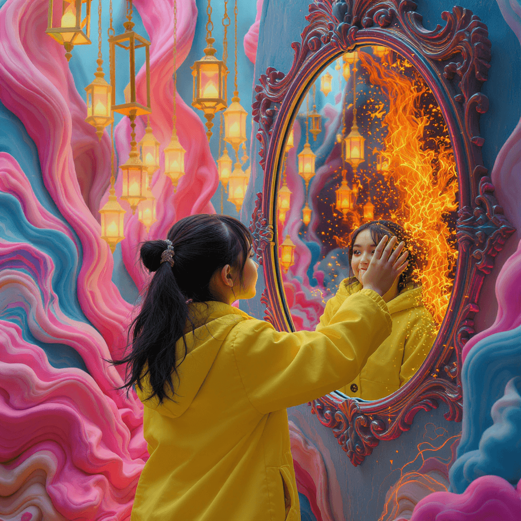 AI generated: A young girl in a bright yellow coat gazes at her reflection in an ornate mirror, her hand reaching ...