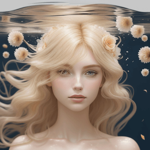 AI generated: magnetific soft background.
dry flowers in blond hair.
women in water with camelias