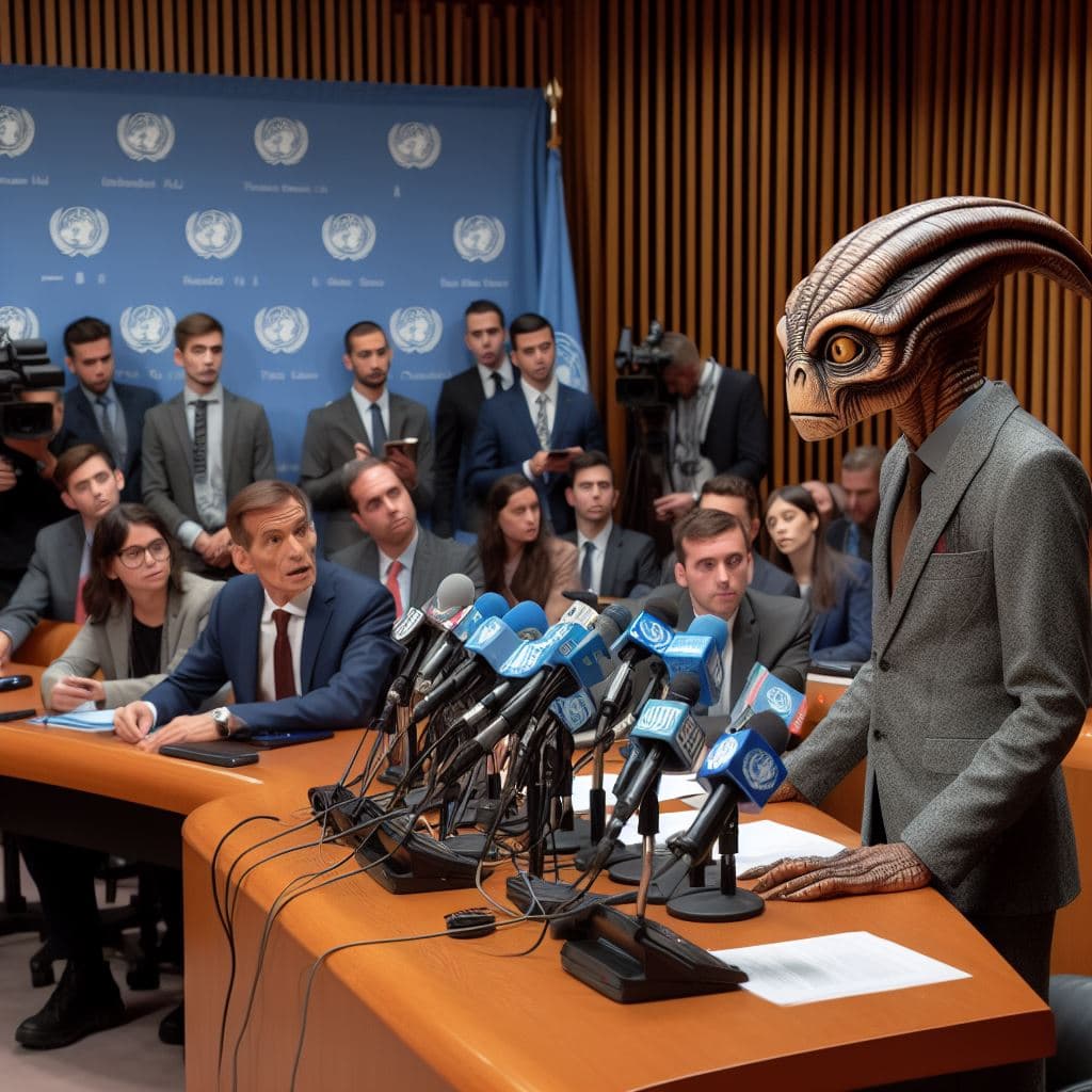 AI generated: Press briefing at the UN in New York, The Secretary General of the UN and a reptiloid representative...