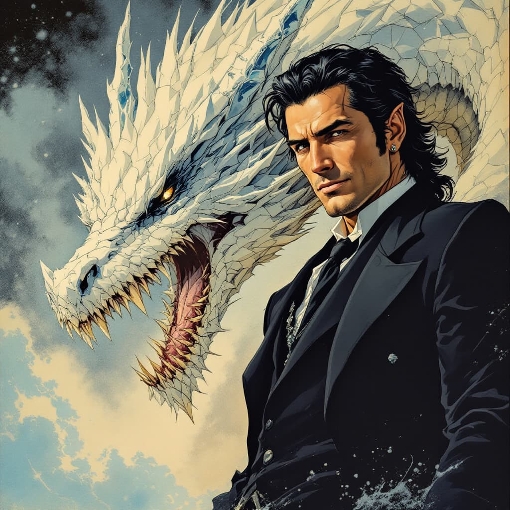 AI generated: Brave and kind-hearted, full body short of mid 40's man with black hair and black suit, very elegant...