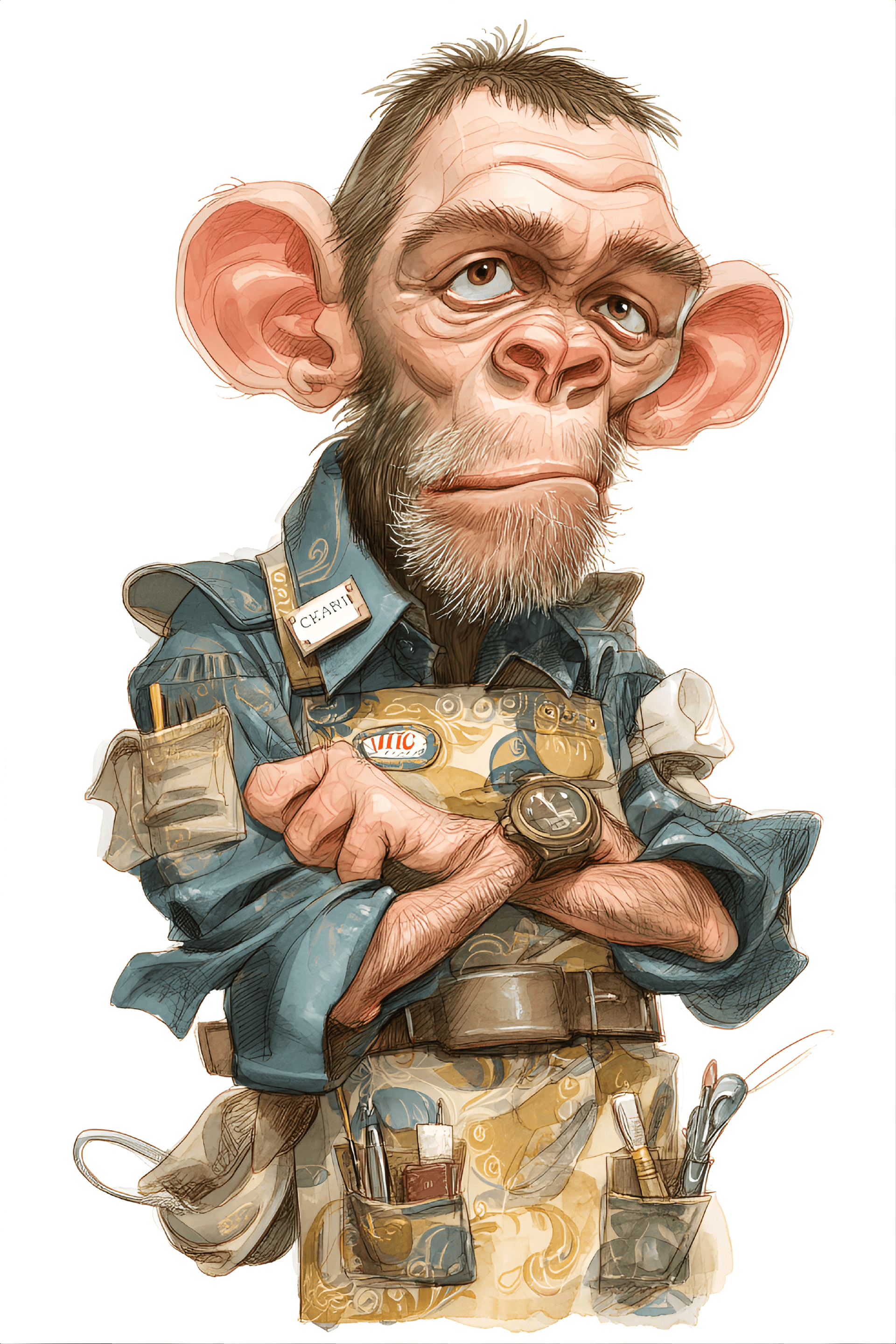 AI generated: funny caricature, capuchin monkey animal caricature, mature central-american male, 10 years old, agi...