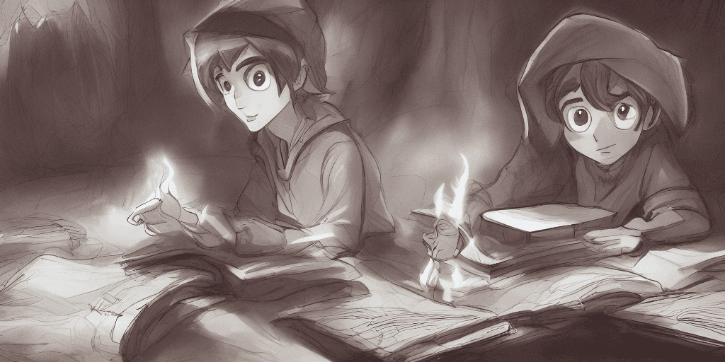 AI generated: a young boy mage with a brown cloak and brown hair is standing at his desk working on a new spell, c...