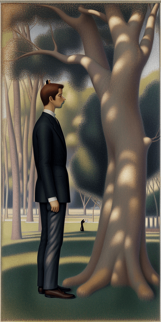 AI generated: Full height Side view Portrait of Seurat standing near a tree and looking at the cat sitting near hi...