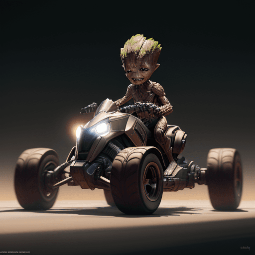AI generated: dramatic highly detailed render of baby groot driving a go cart, futuristic marvel, by WLOP and Artg...