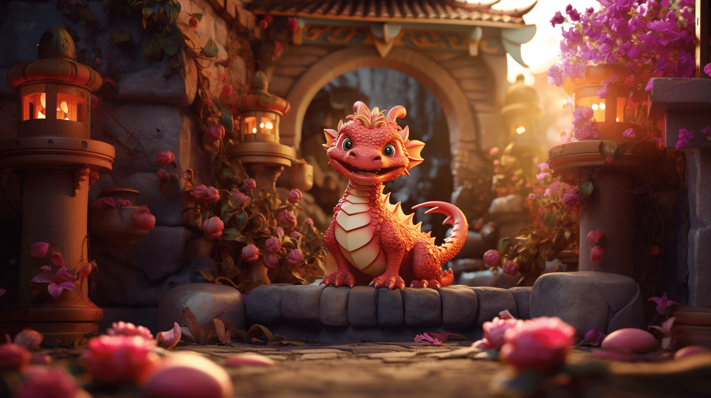 AI generated: A Cute Red Chinese Dragon Entrenched in a Disney Castle, Clay Material, Pixar, Cartoon, 3D Rendering...