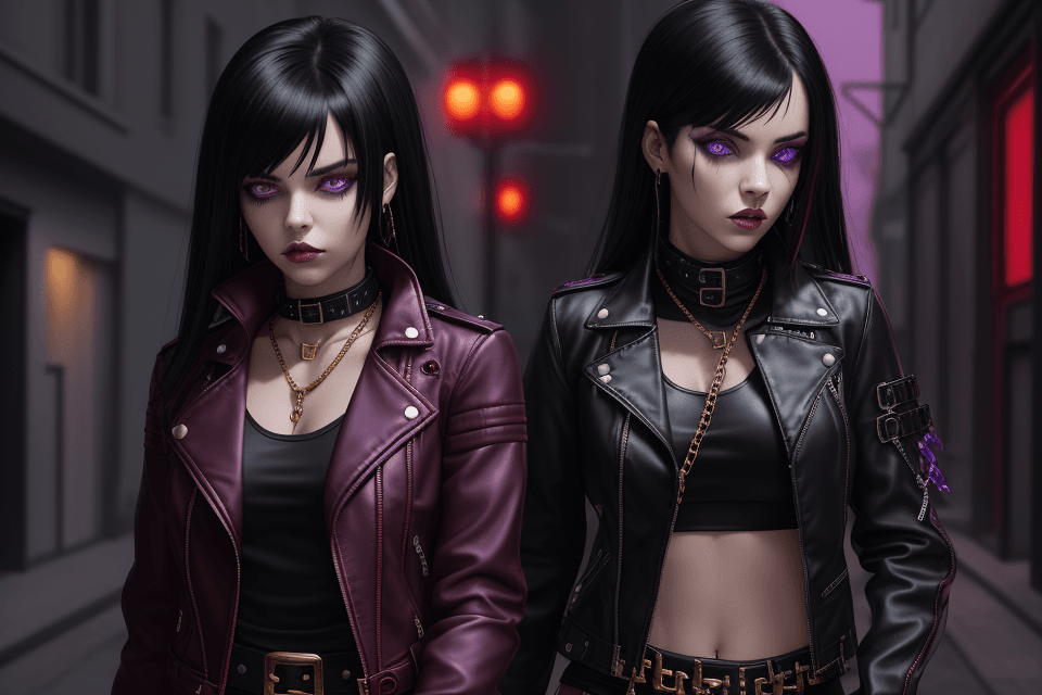 AI generated: emo girl. red leather jacket with black trim.leather leggings with chain belt.white slime stains on ...