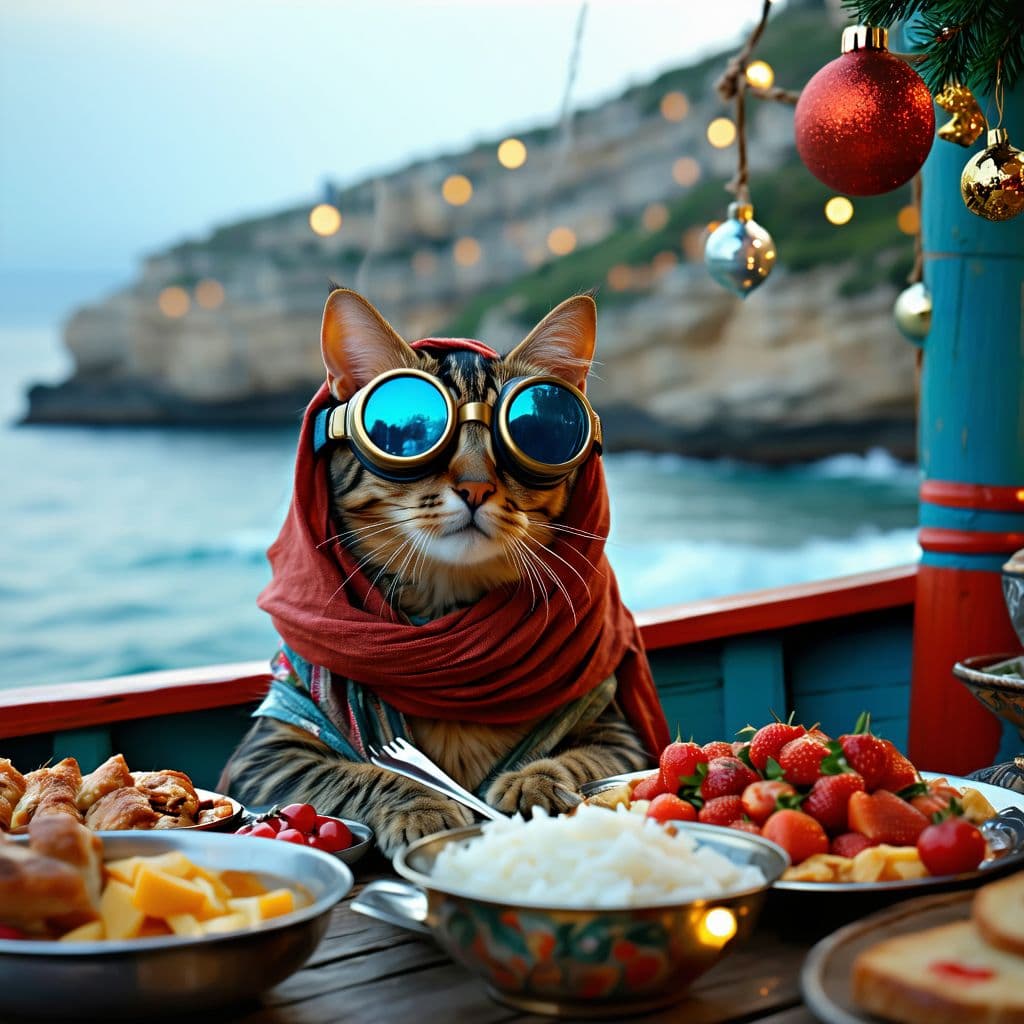 AI generated: imagine a funny festival cat with googles and a pashmina over its head sitting in a fishing boat, Ma...