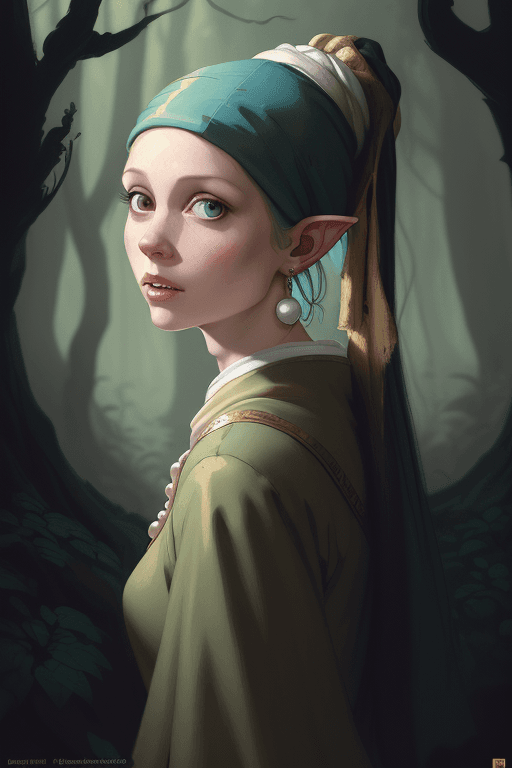 AI generated: A portrait of the painting girl with a pearl earring, elf in the forest, detailed illustration, digi...