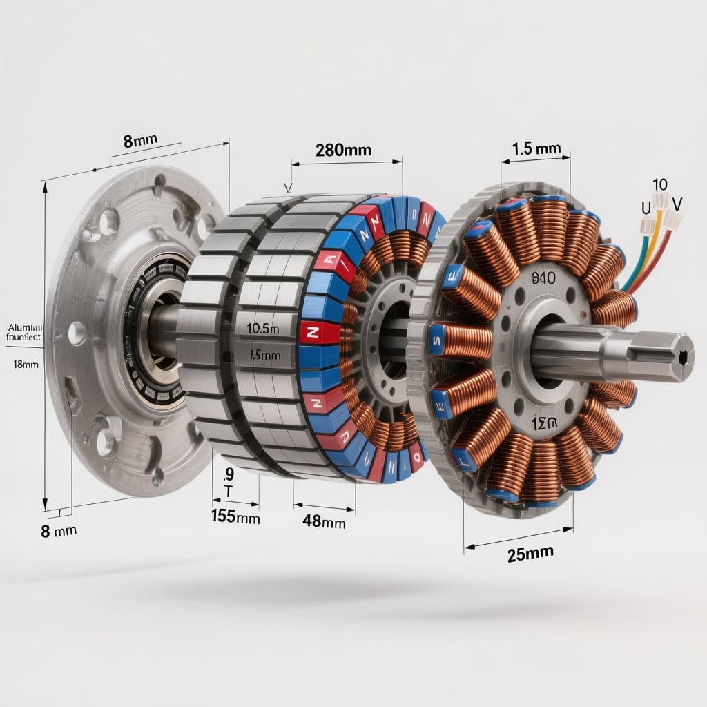 AI generated: Technical engineering exploded view diagram of a dual-rotor single-stator axial flux BLDC motor, 280...
