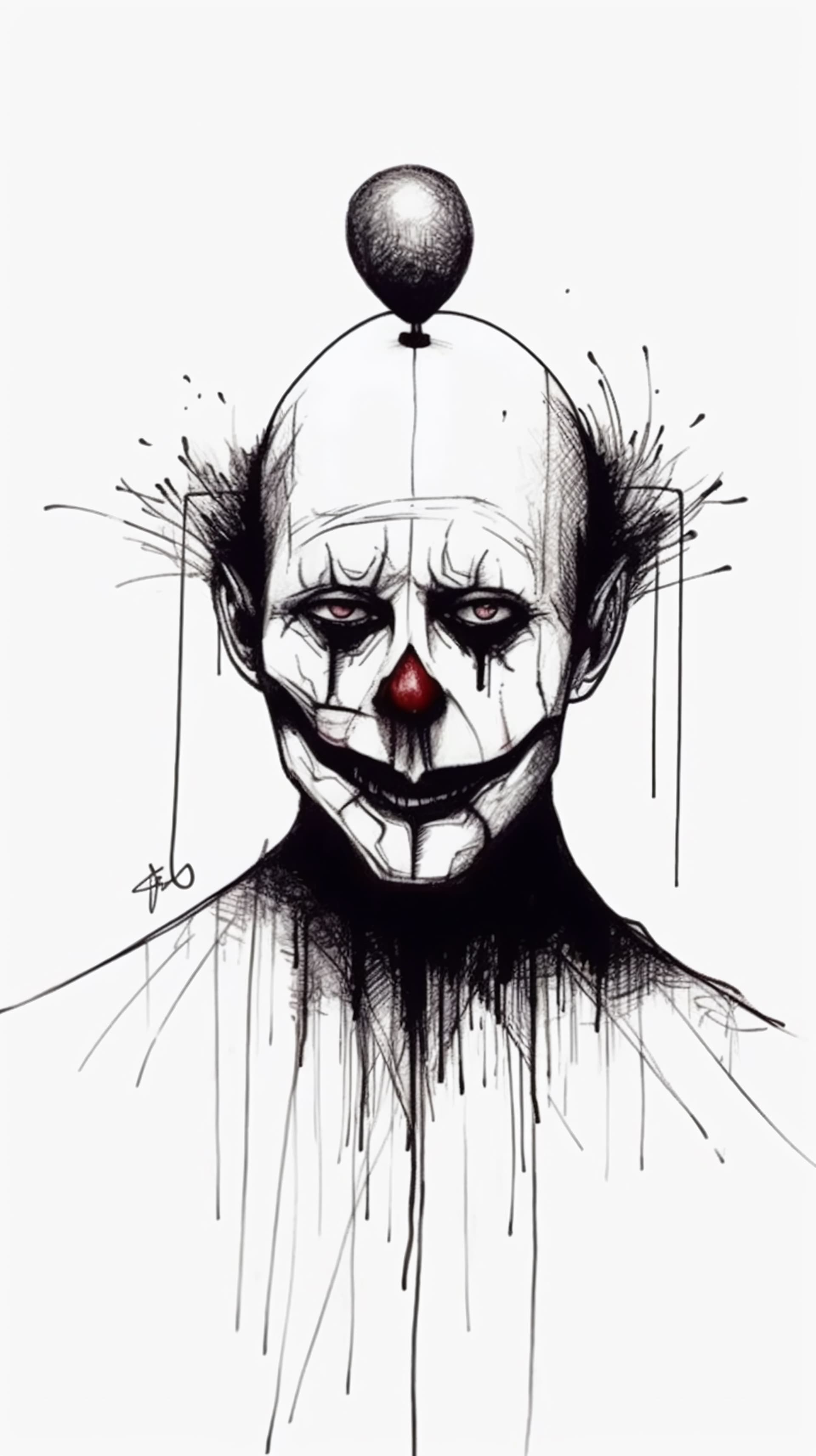 AI generated: Minimalist one - line pen drawing of a creepy clown on white background --ar 9:16 --v 5 --q 2 --s 75...
