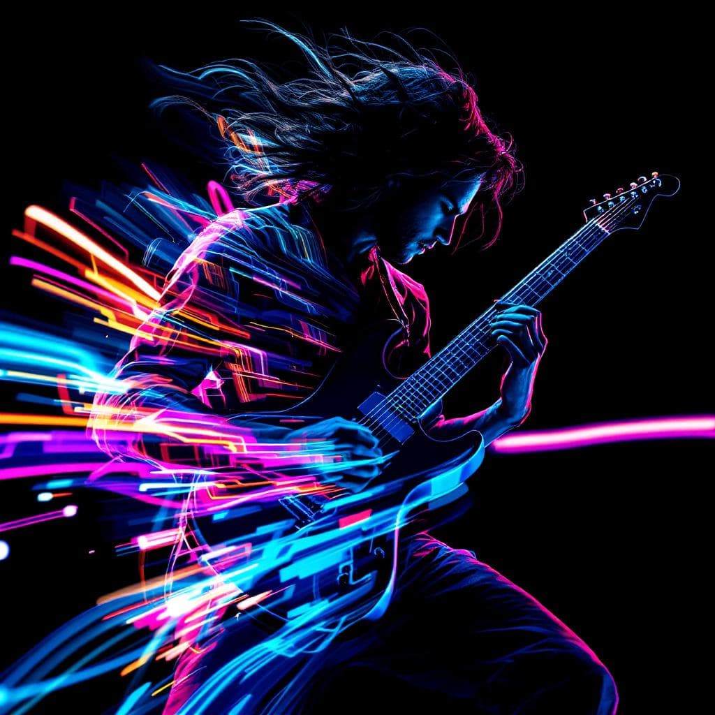 AI generated: realistic, front shot, guitarist in motion, neon color trails, chrono-burst time-slice exposure, lay...