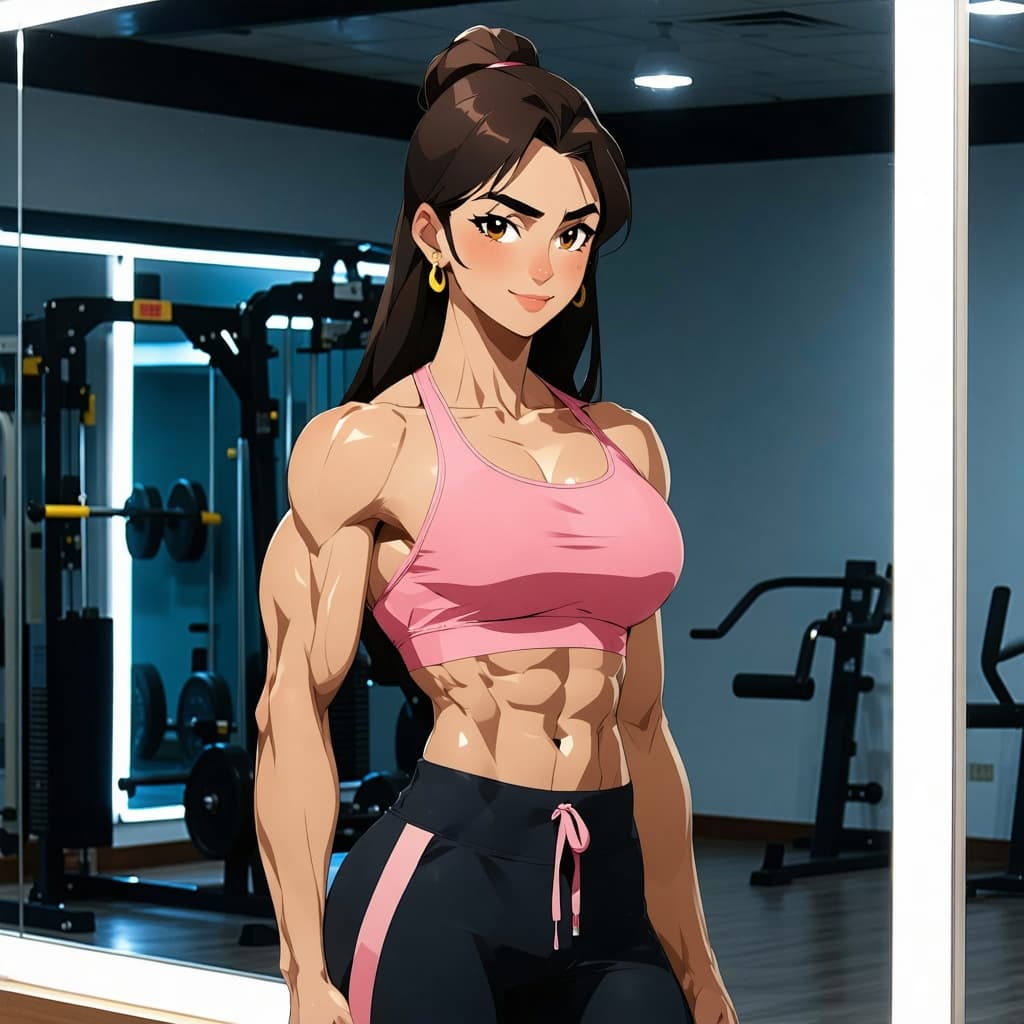 AI generated: (Anime Style:1.2), (An anime Indian Woman:1.05), mid 30's age, (muscular body:1.85) posing in front ...