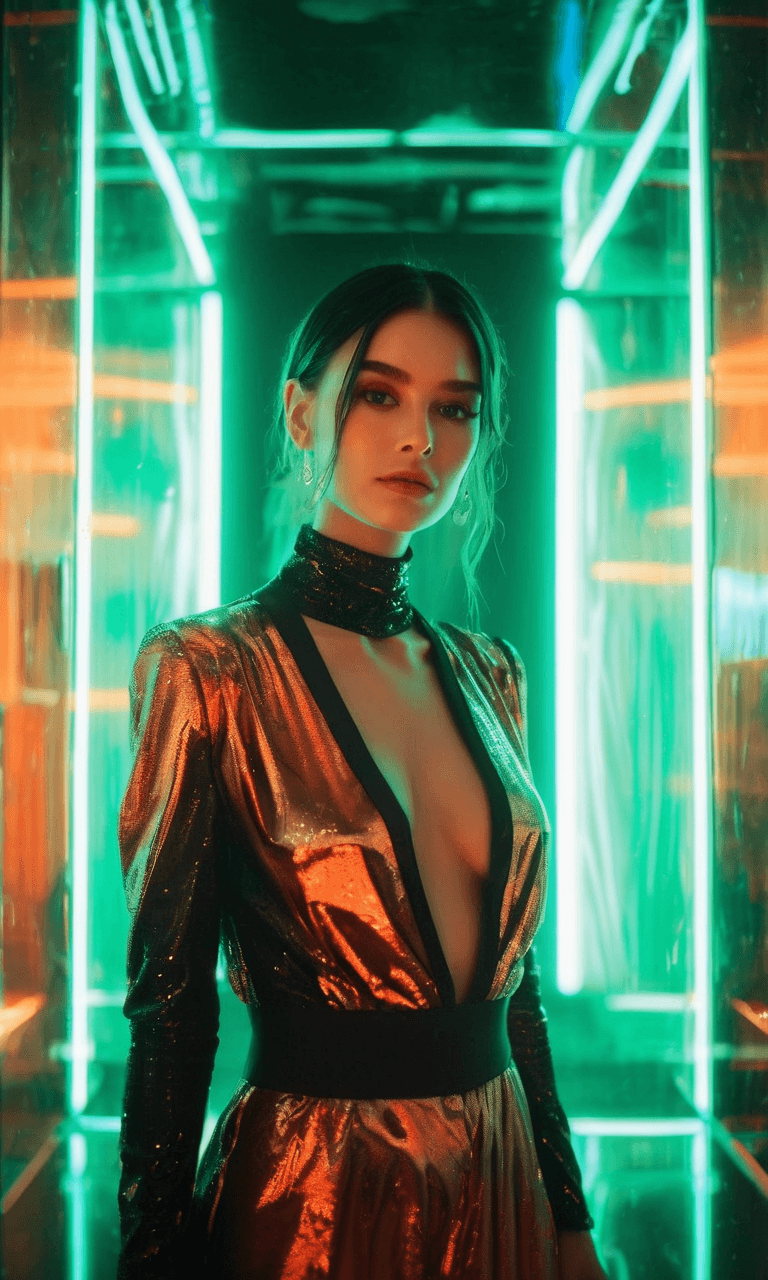AI generated: woman is standing in front of orange light, mirror walls, glossy futuristic clothes, sharp focus, co...