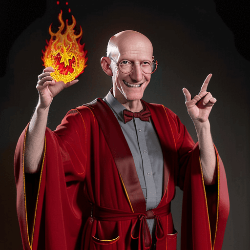 AI generated: professor  Farnsworth, realistic, dressed in red robes covered in mystic symbols stars and moons, ba...