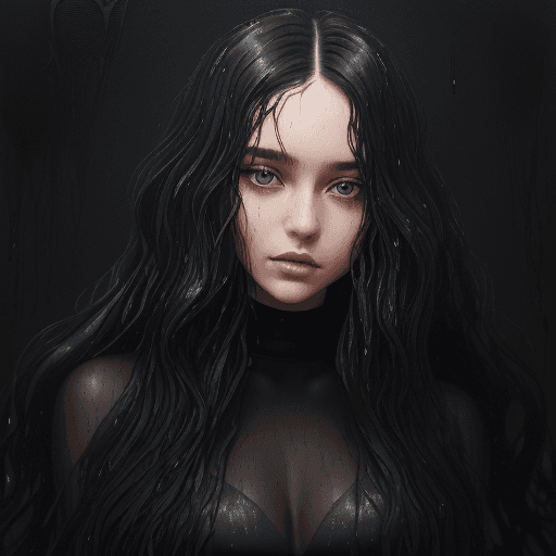 AI generated: a beautiful young woman in black with long hair, in the style of textural layers, reefwave, light br...