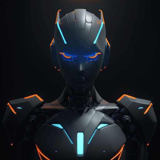 AI generated: 3d rendering, robot, front view, upper-body, neon glow with deep orange and blue, gaze, glistening e...