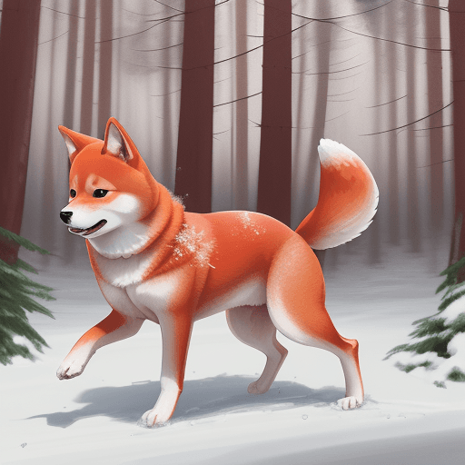 AI generated: Red Shiba Inu, in forest setting, snowy forest, concept art, anime, 2D, painting, portrait, full bod...