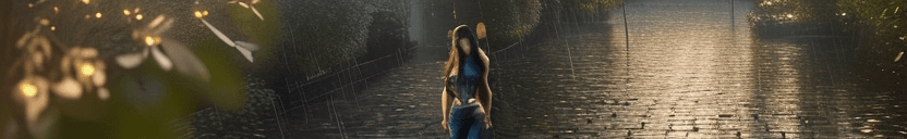 AI generated: Abandoned city in a beautiful garden, candles, rain, water pound, wide shot , a portrait image full ...