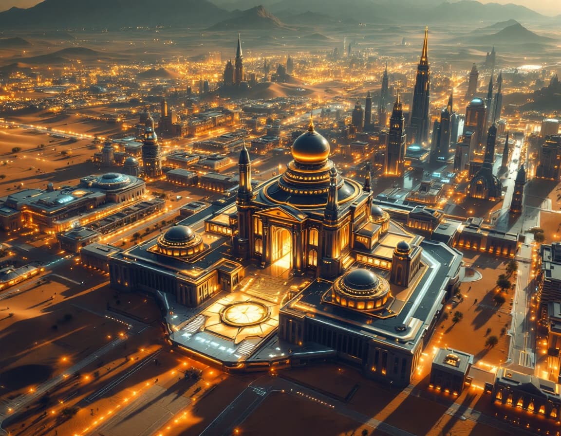 AI generated: The Central bank as seen from above : this imposing building in the center of a futuristic sci-fi ci...