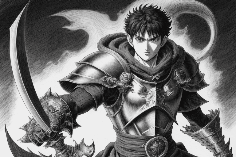 AI generated: monochrome, a man with big eyes, brown hair with tuft, in golden armor, manga, ((without helmet)), b...